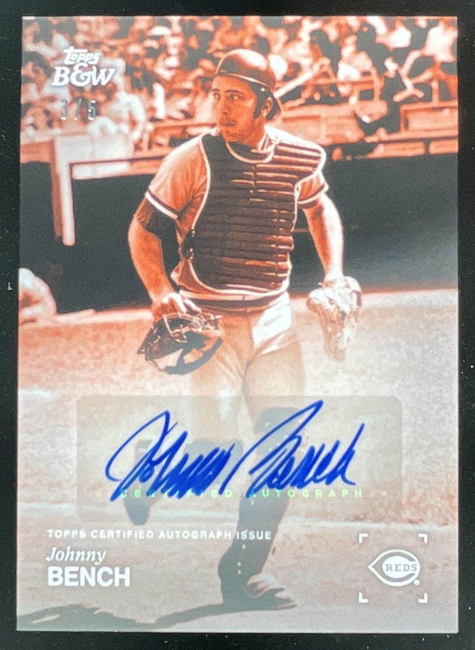 2025 Topps Black and White Sticker Autographs Orange #066-A Johnny Bench Auto /5