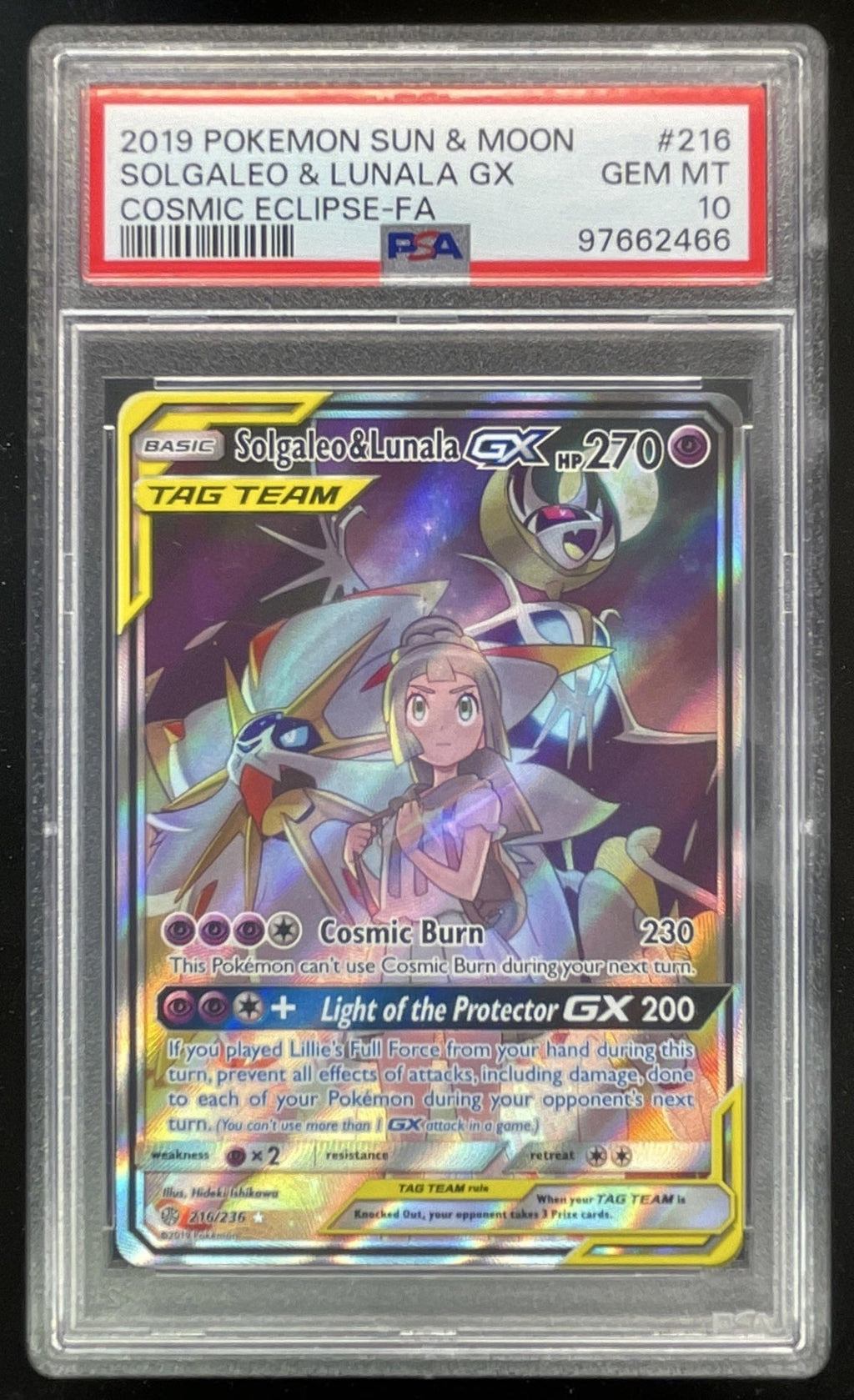 2019 Pokemon Sun & Moon Cosmic Eclipse #216 Solgaleo & Lunala Tag Team PSA 10