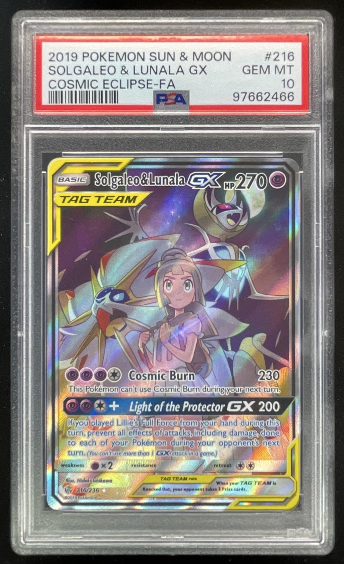 2019 Pokemon Sun & Moon Cosmic Eclipse #216 Solgaleo & Lunala Tag Team PSA 10