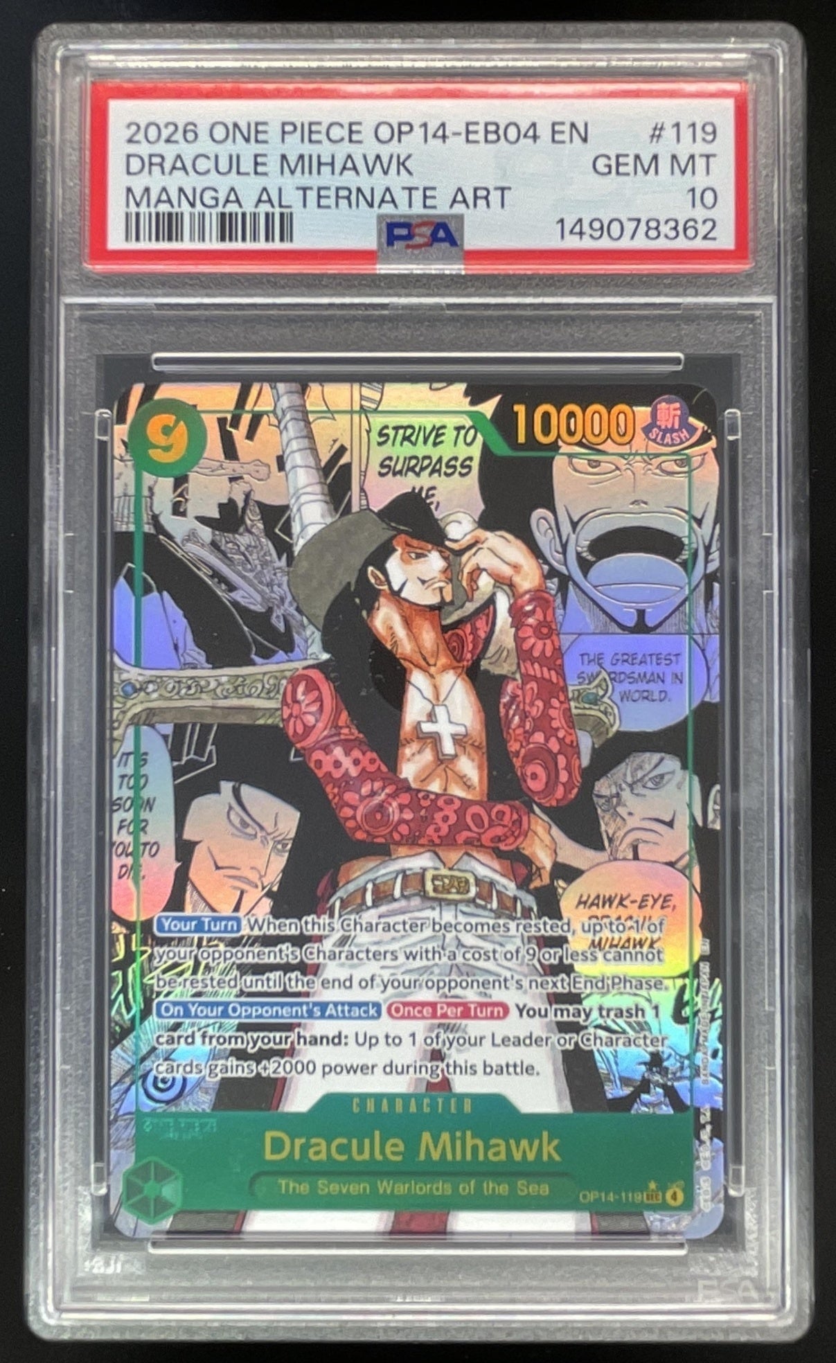 2026 One Piece OP14 EB04 EN #119 Dracule Mihawk Manga Alternate Art PSA 10