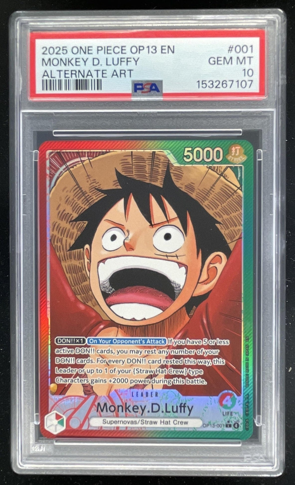 2025 One Piece OP13 EN #001 Monkey D Luffy Alternate Art PSA 10