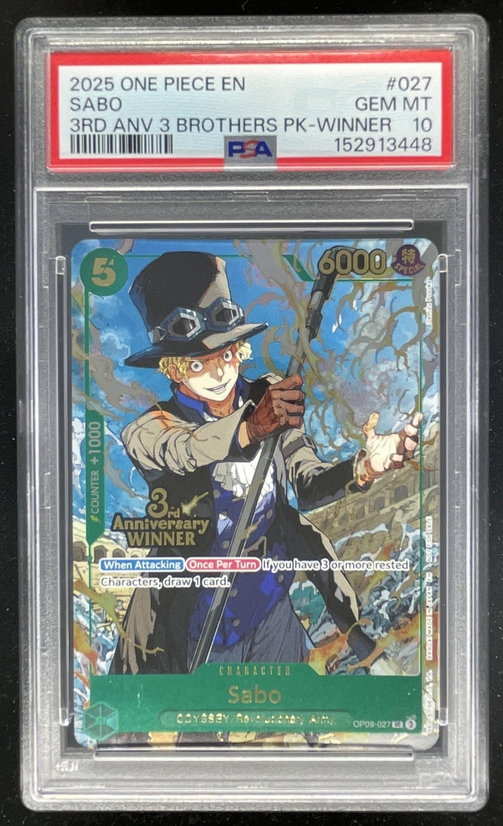 2025 One Piece EN 3rd Anniversary Brothers Winner #027 Sabo PSA 10