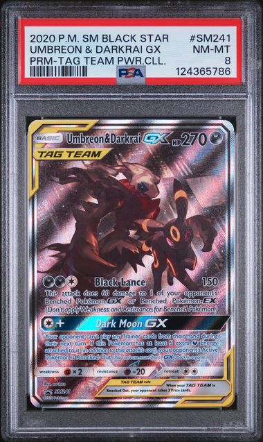 PSA 8 - 2020 POKEMON SM BLACK STAR PROMO #SM241 UMBREON & DARKRAI GX PRM-TAG TEAM PWR.CLL.