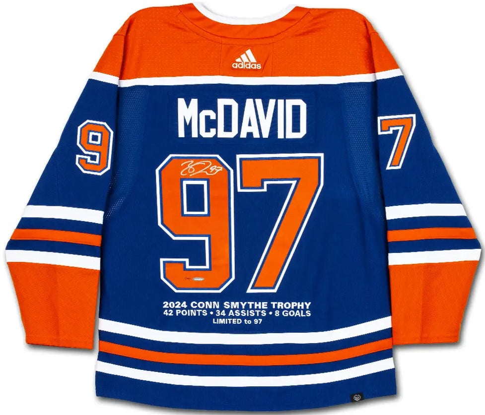 Upper Deck Authenticated - Connor McDavid Autographed 2023-24 Edmonton Oilers Stanley Cup Final Patch with Conn Smythe Postseason Embroidery Blue Authentic Adidas Jersey