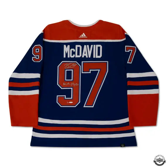 Upper Deck Authenticated - Connor McDavid Autographed & Inscribed "800 PTS 2/21/23" Royal Blue Adidas Edmonton Oilers Jersey