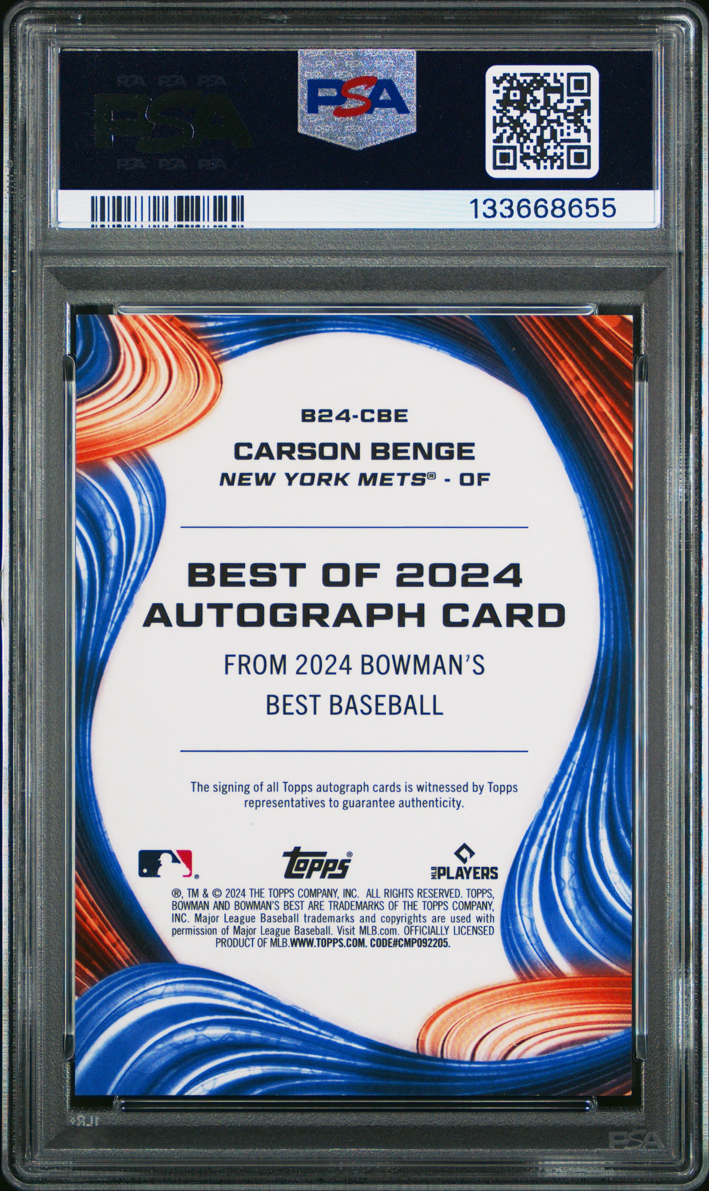 2024 Bowman's Best Best Of 2024 Carson Benge #B24CBE Green Ref 94/99 PSA 10 Auto