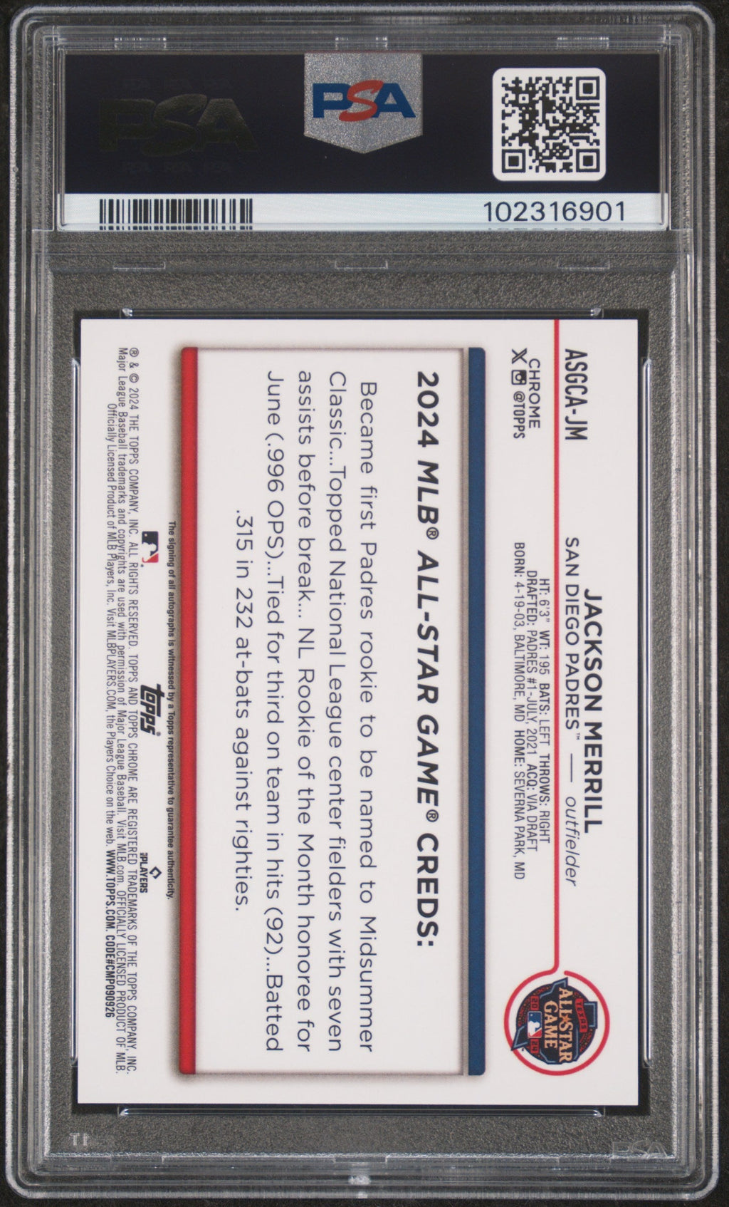 2024 Topps Chrome Update 2024 All-Star Game Jackson Merrill #JM PSA 10 Auto