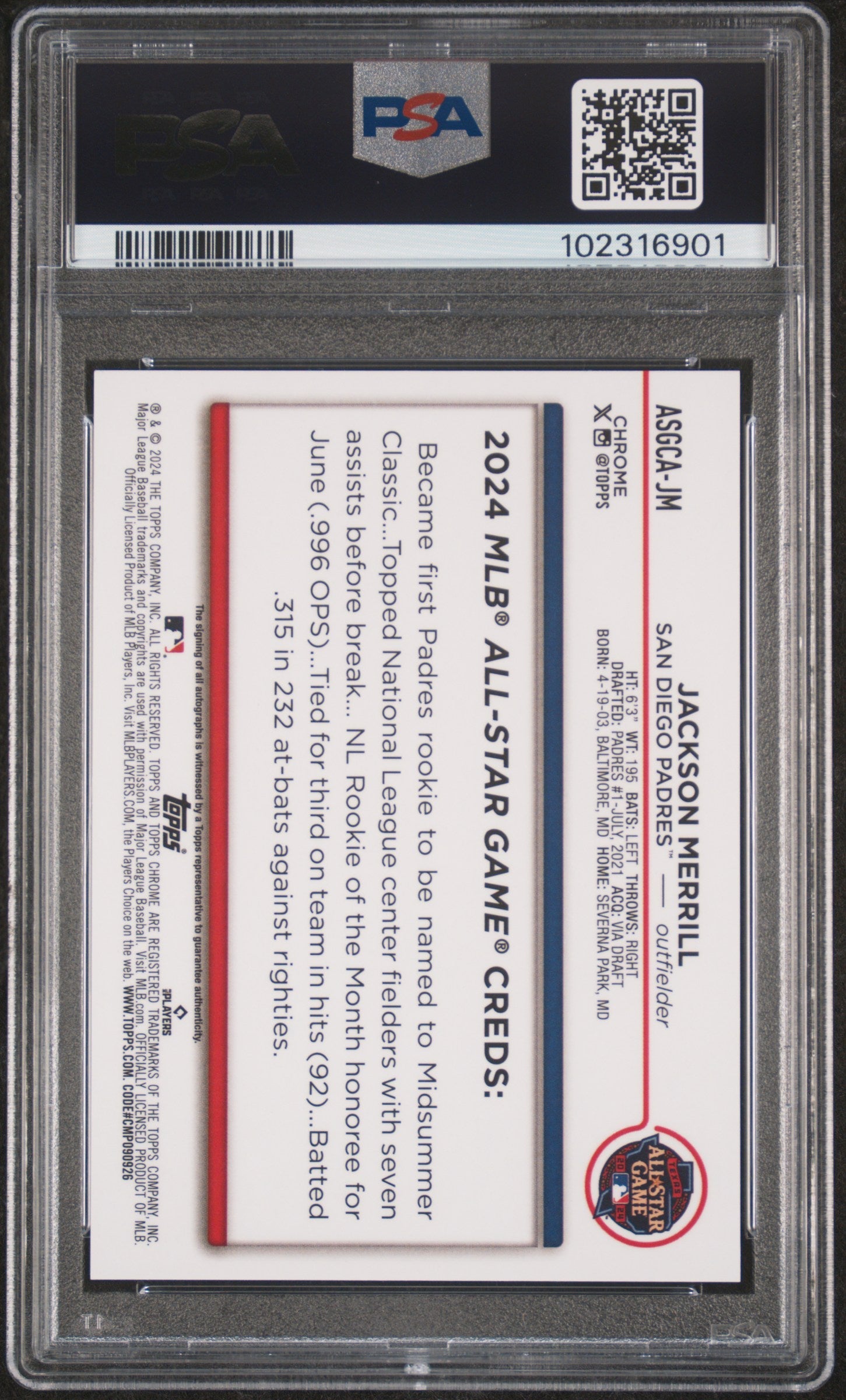 2024 Topps Chrome Update 2024 All-Star Game Jackson Merrill #JM PSA 10 Auto