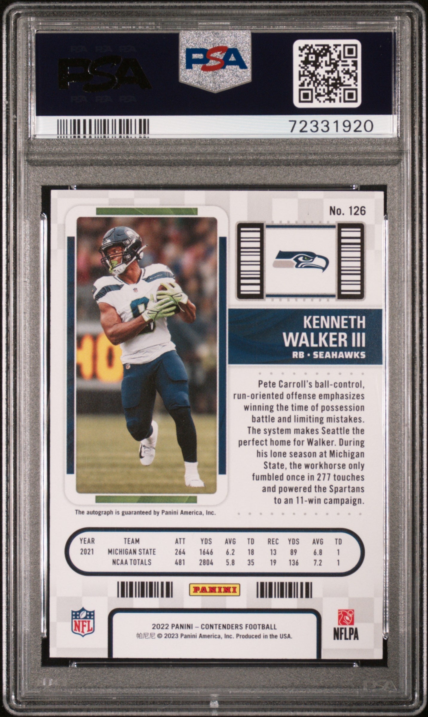 2022 Zenith Contenders Ticket Preview Kenneth Walker III #126 /23 PSA 10 Auto