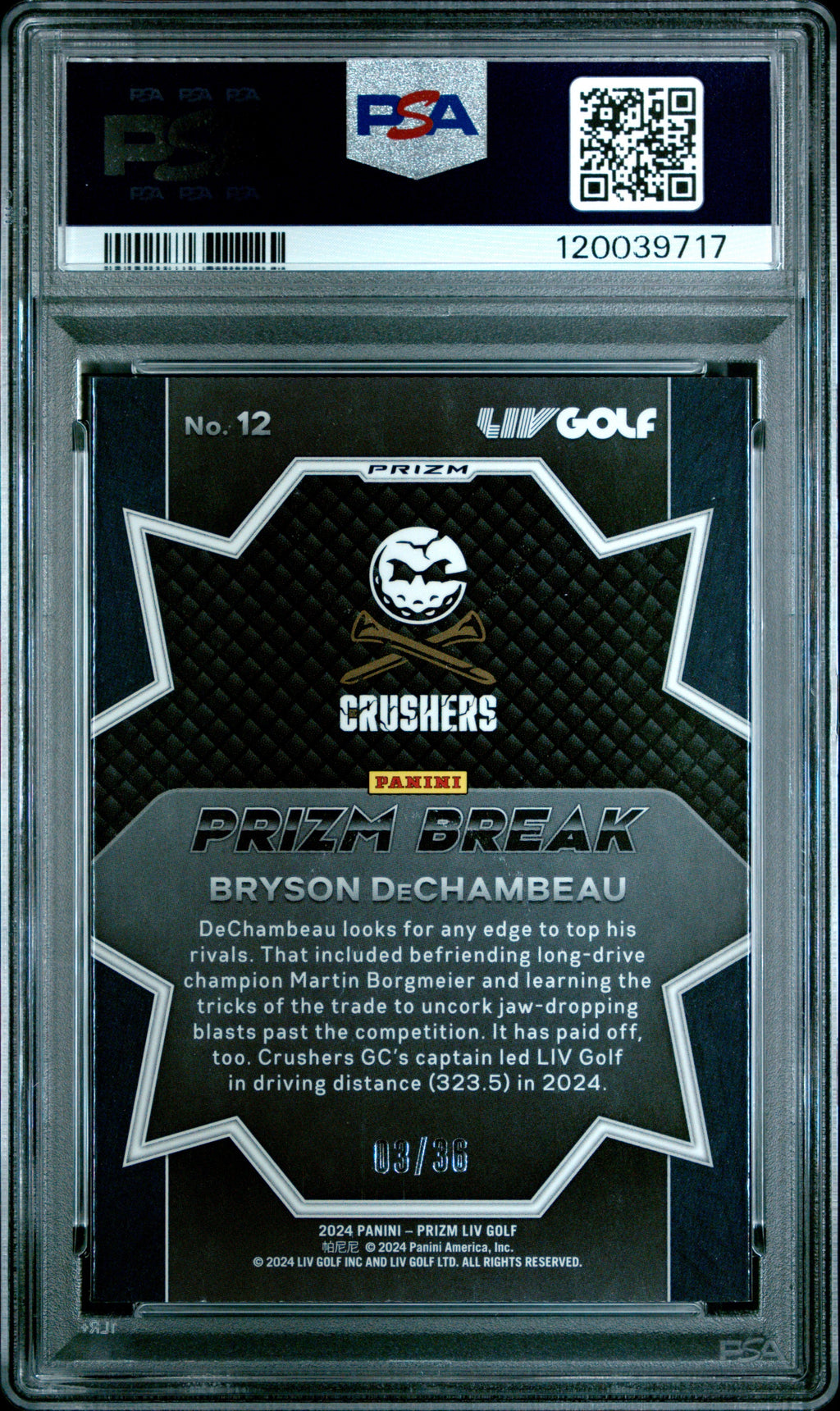 2024 Panini Prizm LIV Prizm Break Bryson Dechambeau #12 White Mojo PSA 10 /36