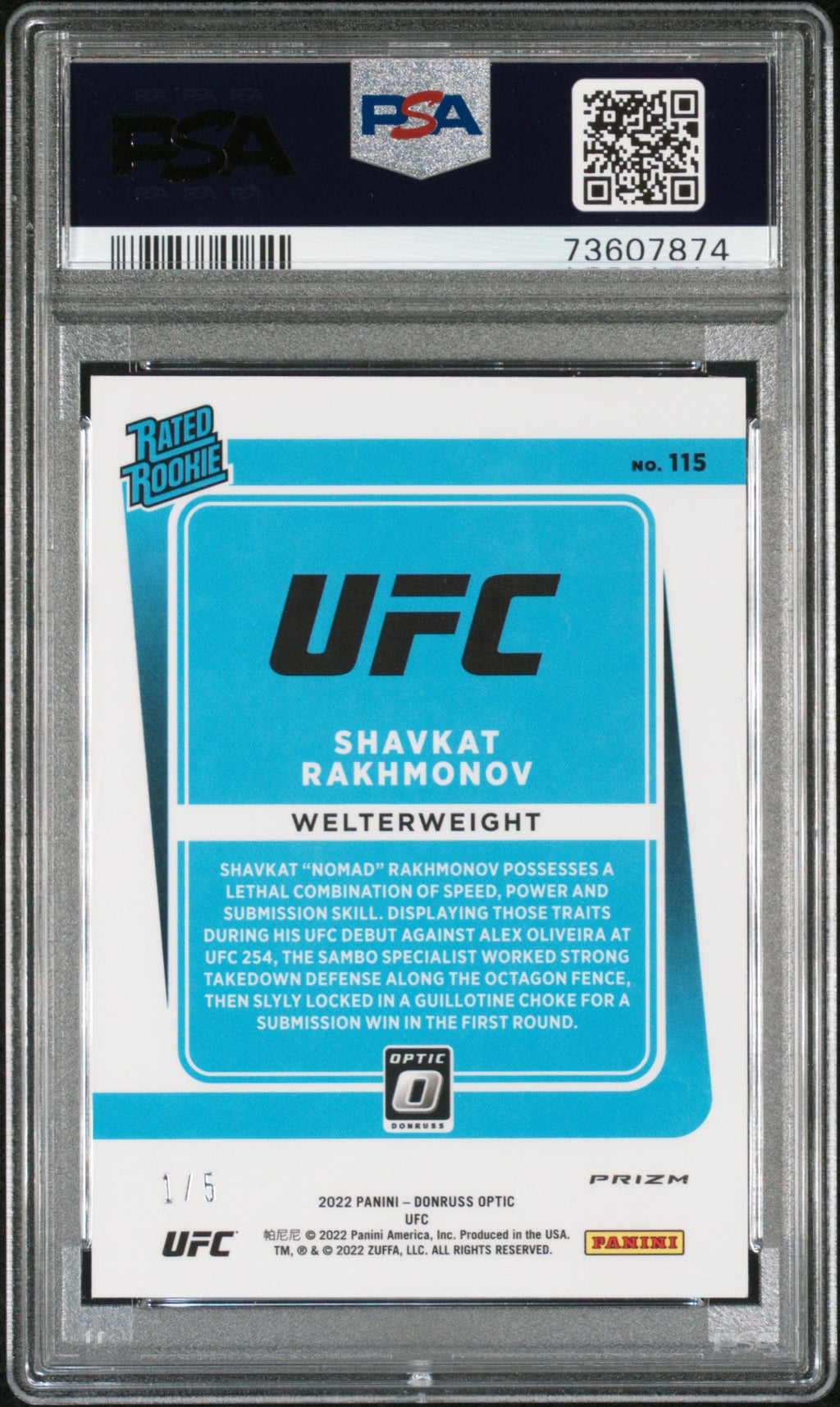 2022 Panini Donruss Optic UFC Shavkat Rakhmonov #115 Green /5 PSA 9