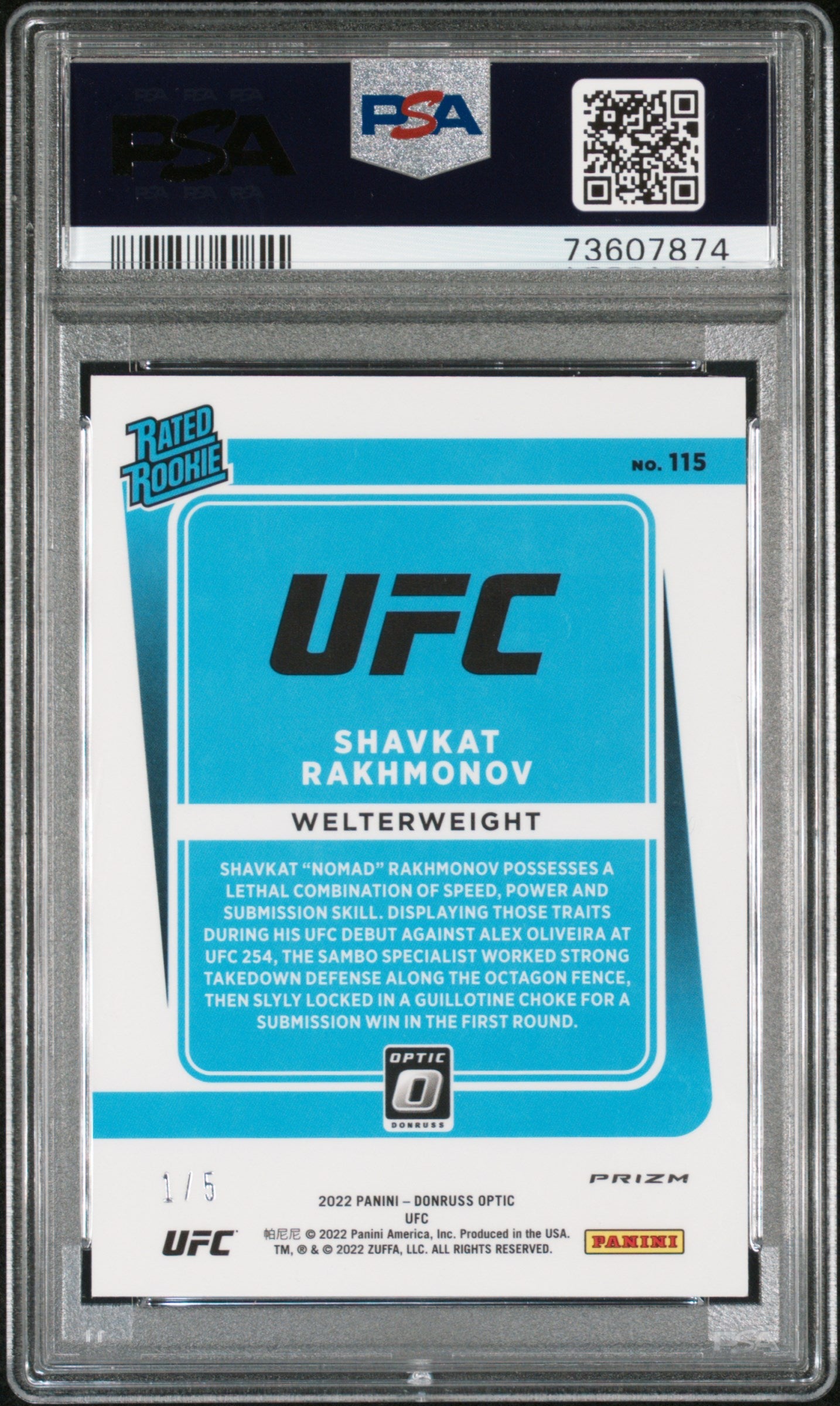 2022 Panini Donruss Optic UFC Shavkat Rakhmonov #115 Green /5 PSA 9