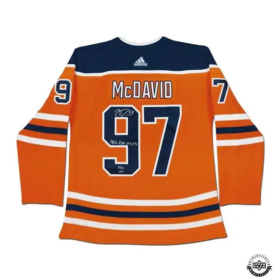 Upper Deck Authenticated - Connor McDavid Autographed & Inscribed “41 G, 67 A, 108 Pts” Edmonton Oilers Orange Adidas Authentic Jersey