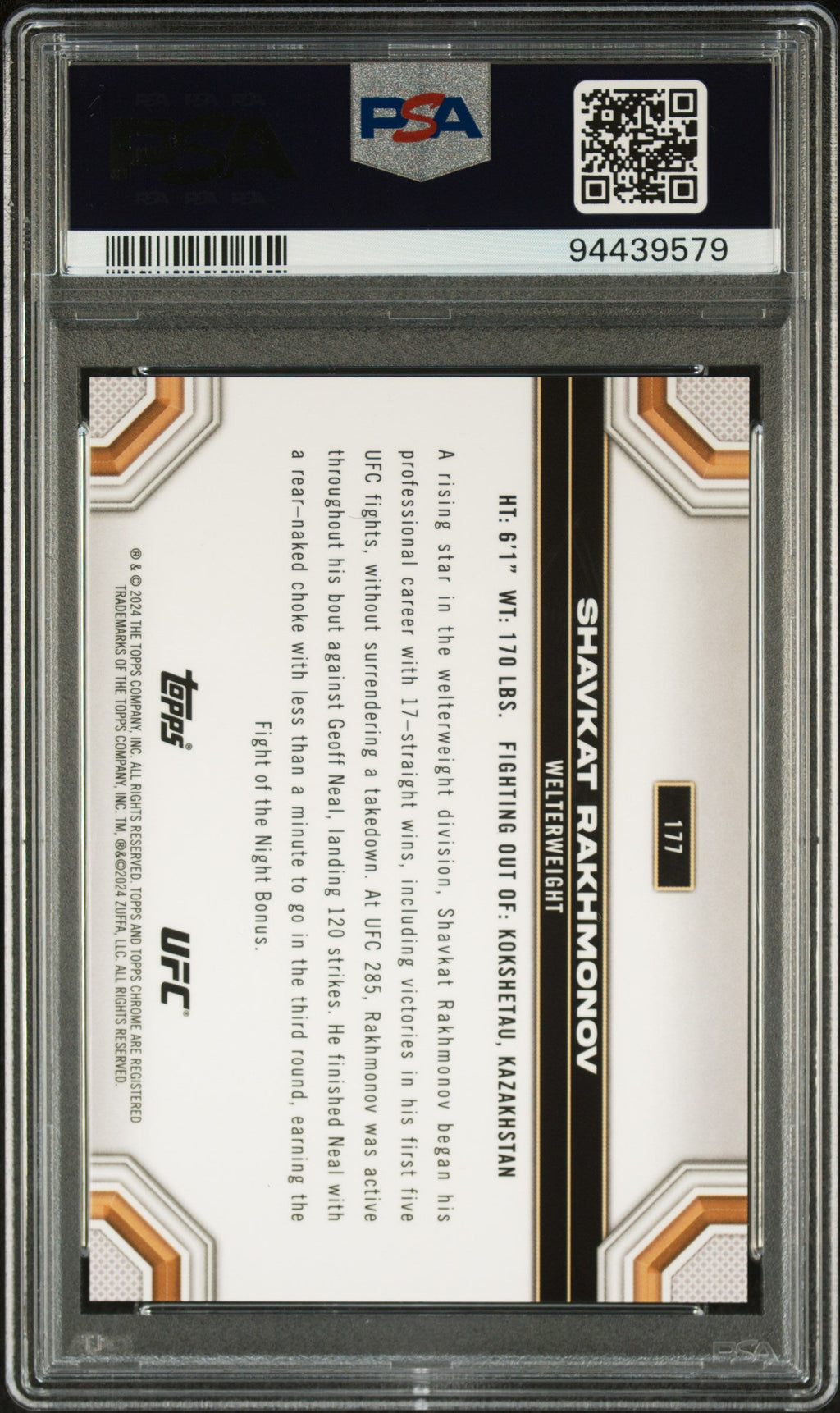 2024 Topps Chrome UFC Shavkat Rakhmonov #177 Red Refractor 2/5 PSA 10