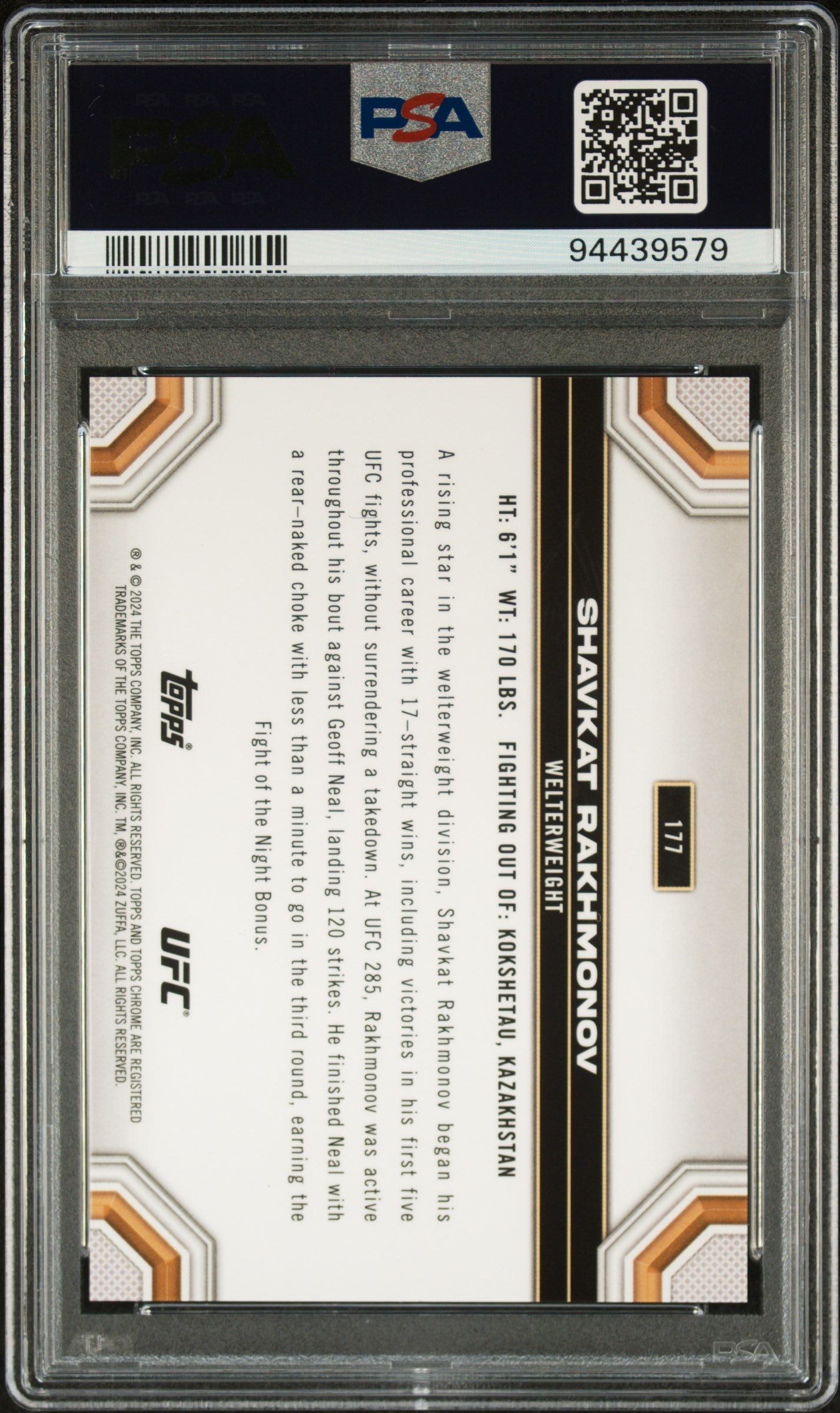 2024 Topps Chrome UFC Shavkat Rakhmonov #177 Red Refractor 2/5 PSA 10