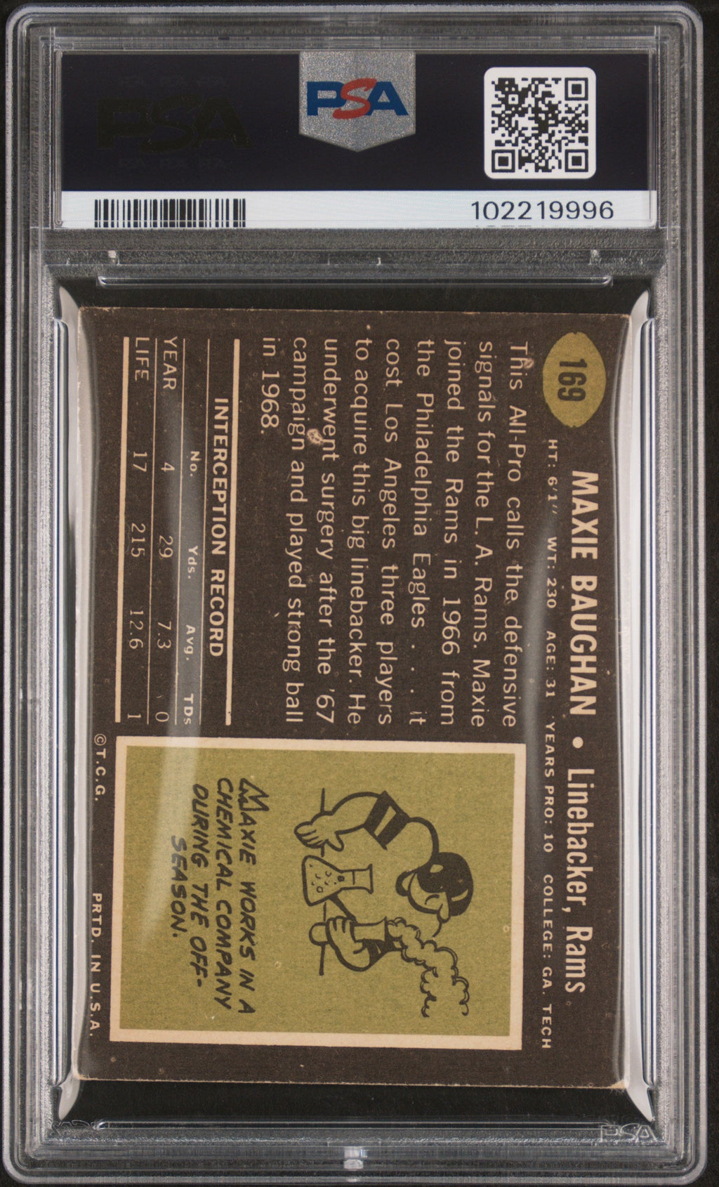 1969 Topps Maxie Baughan #169 PSA 3 Auto 10