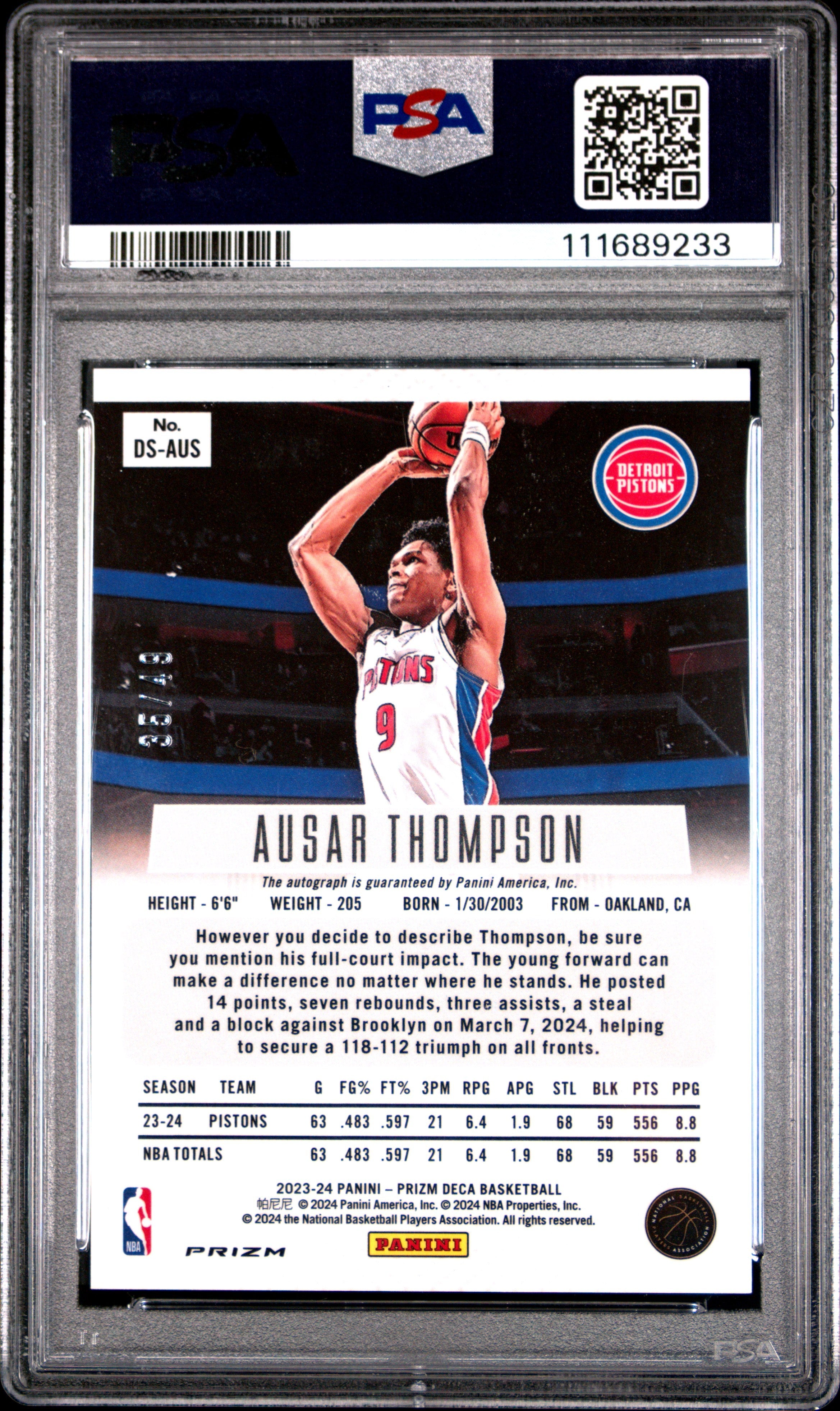 2023 Panini Prizm Deca Signatures Ausar Thompson #DSAUS Blue PSA 10 Auto /49
