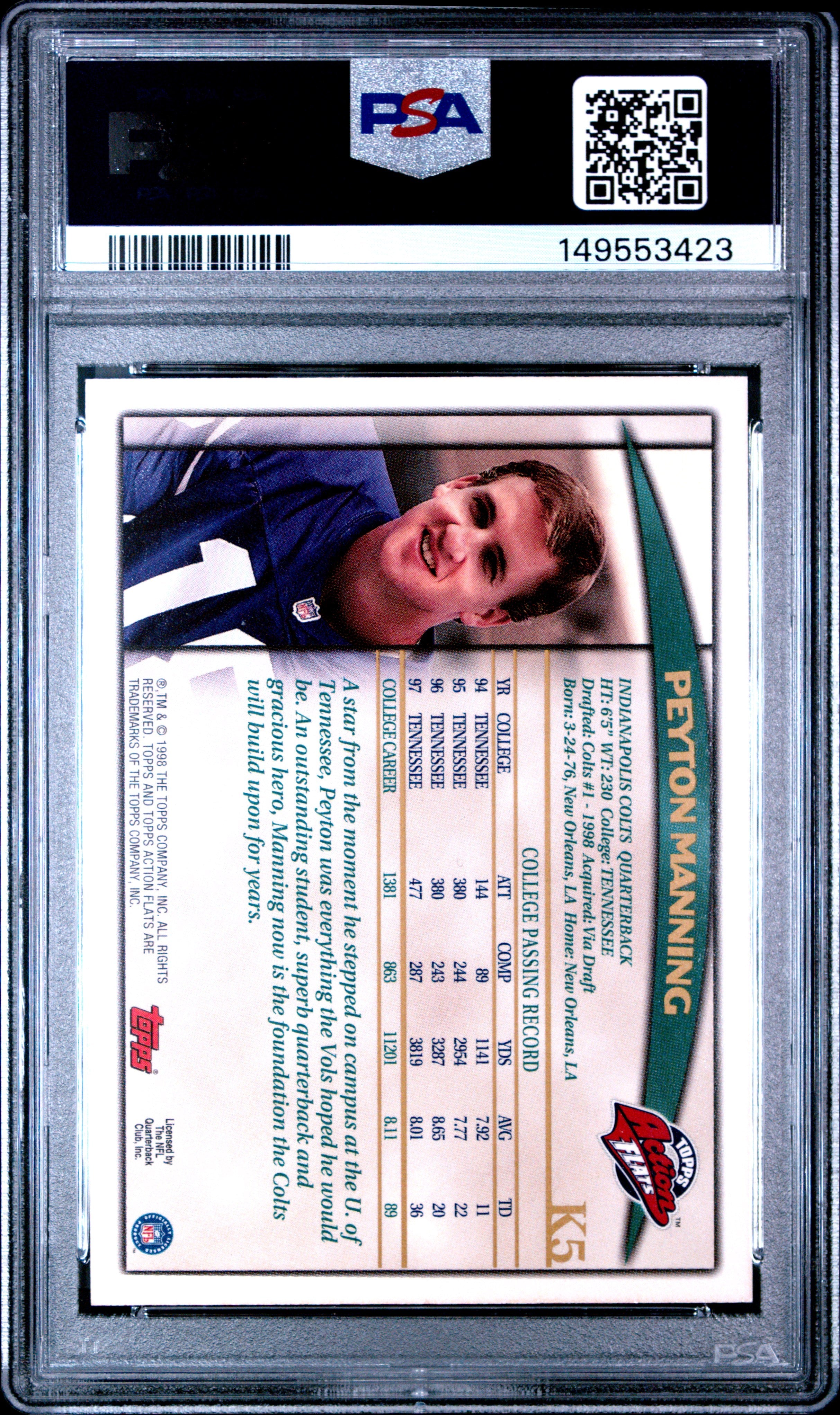 1998 Topps Action Flats Peyton Manning #K5 PSA 10