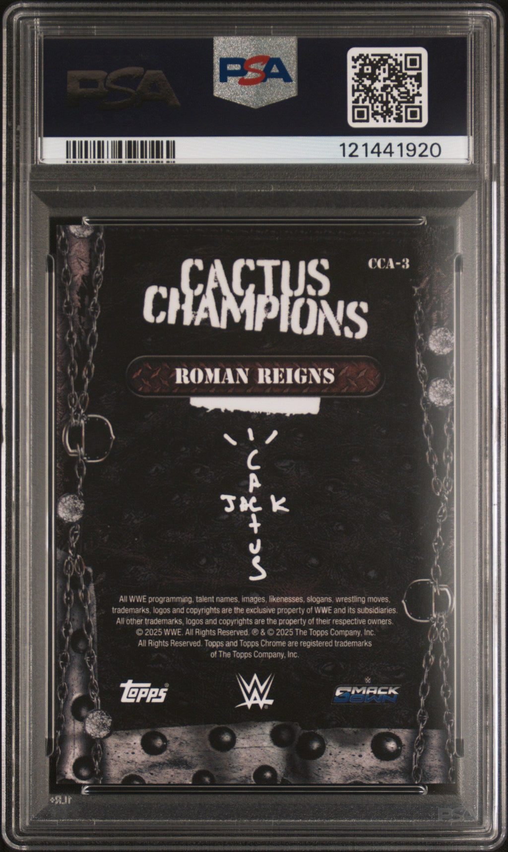 2025 Topps Chrome WWE Cactus Jack Cactus Champions Roman Reigns Red /5 PSA 9