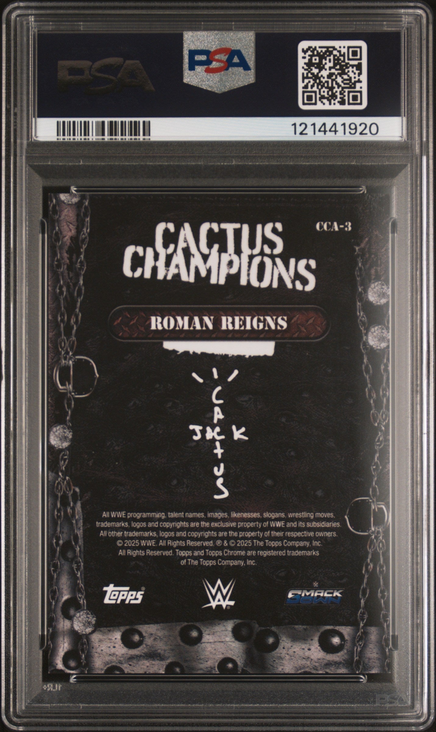 2025 Topps Chrome WWE Cactus Jack Cactus Champions Roman Reigns Red /5 PSA 9