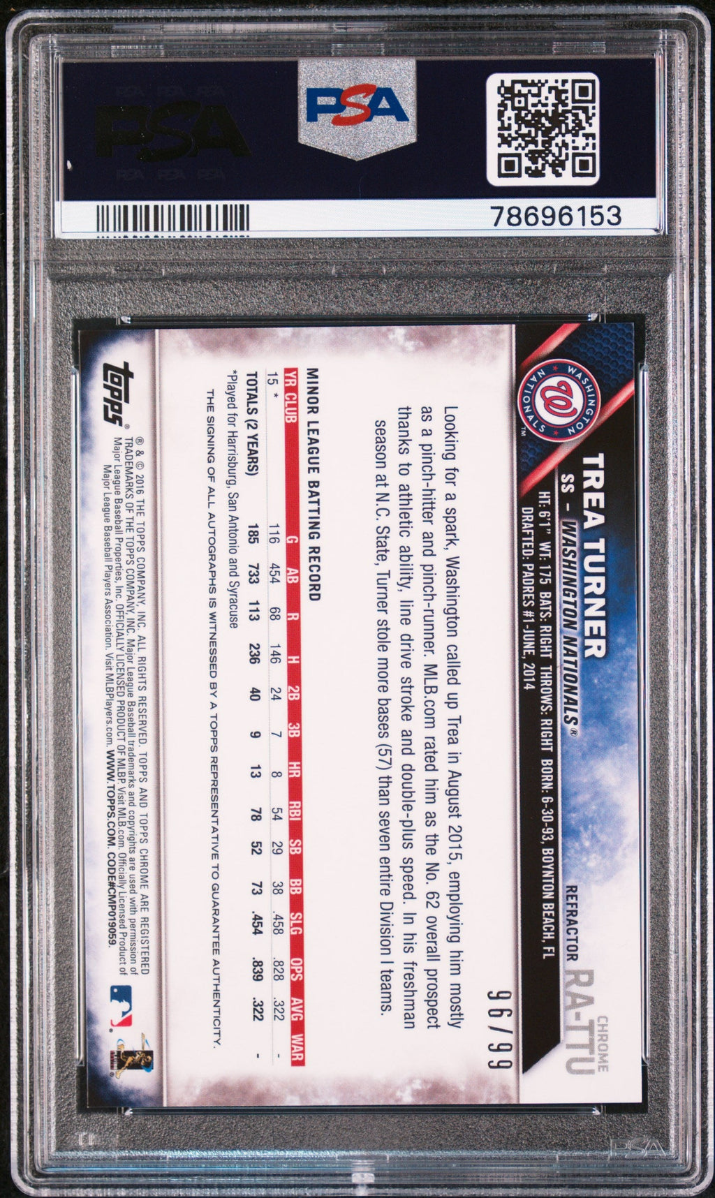 2016 Topps Chrome Rookie Trea Turner #RA-TTU Green Refractor PSA 10 Auto /99
