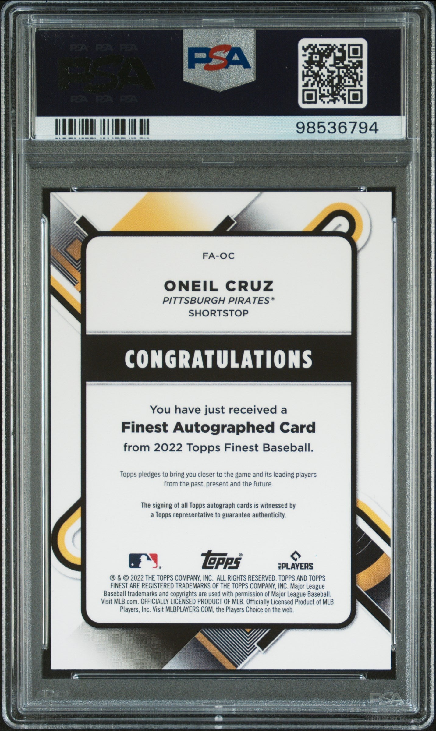 2022 Topps Finest Finest Oneil Cruz #OC Orange Refractor 10/25 PSA 10 Auto 10