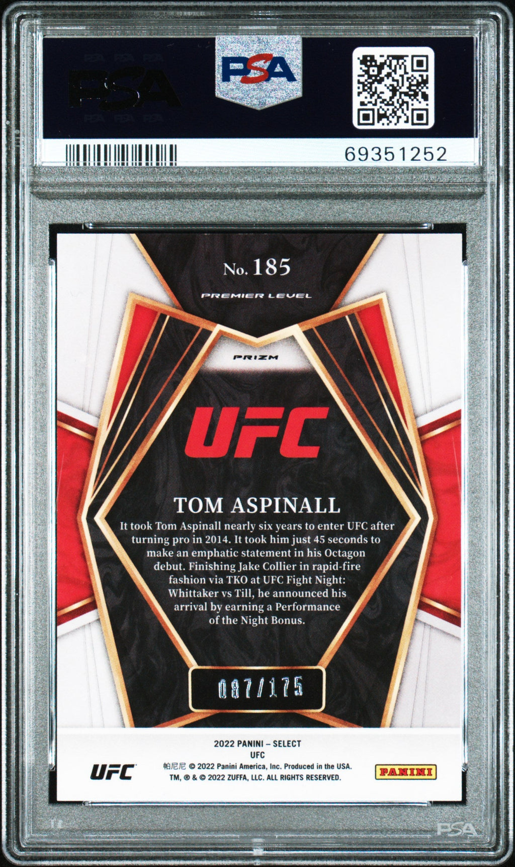 2022 Panini Select UFC Tom Aspinall #185 Bronze Prizm PSA 10 /175