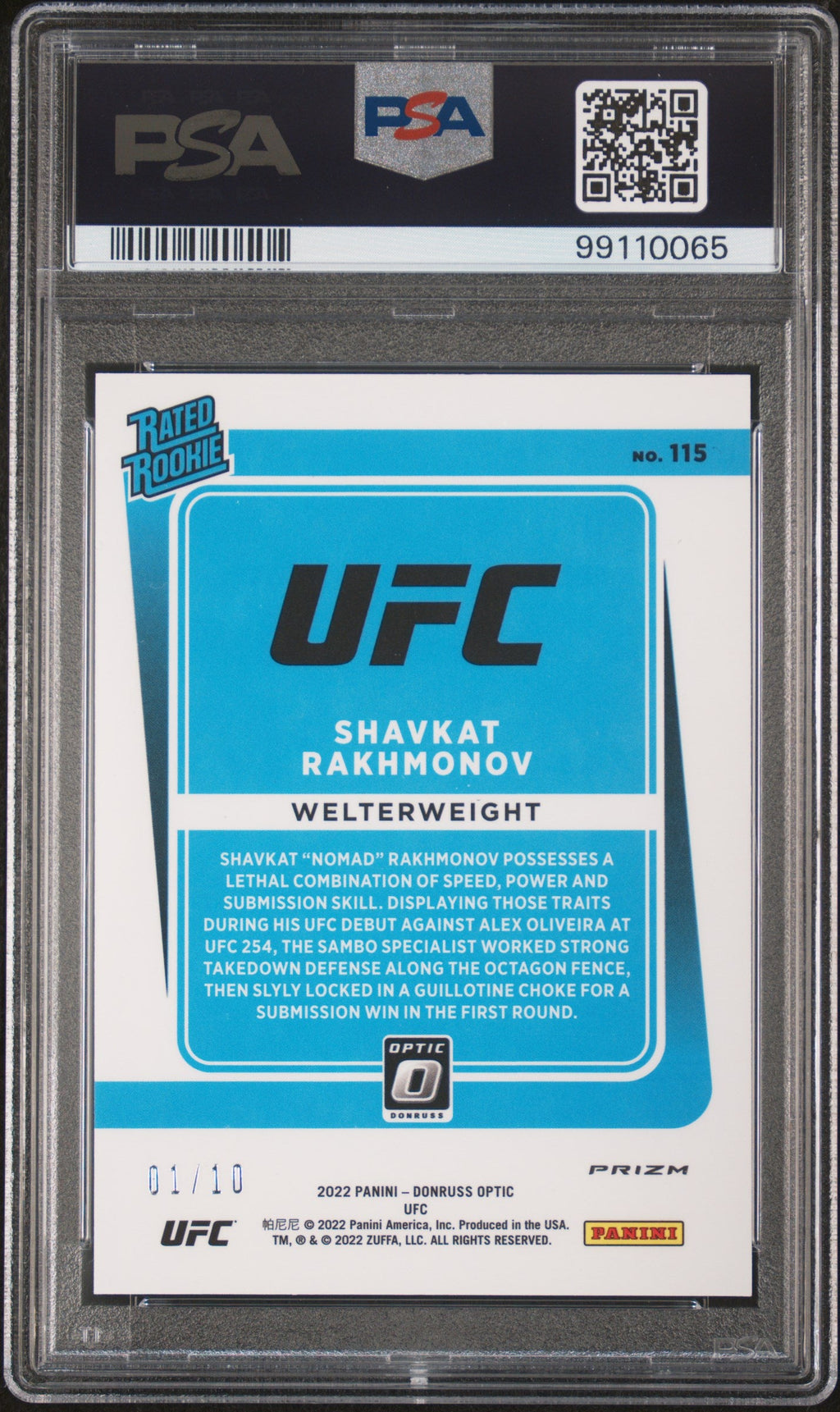 2022 Panini Donruss Optic UFC Shavkat Rakhmonov #115 Gold /10 PSA 9