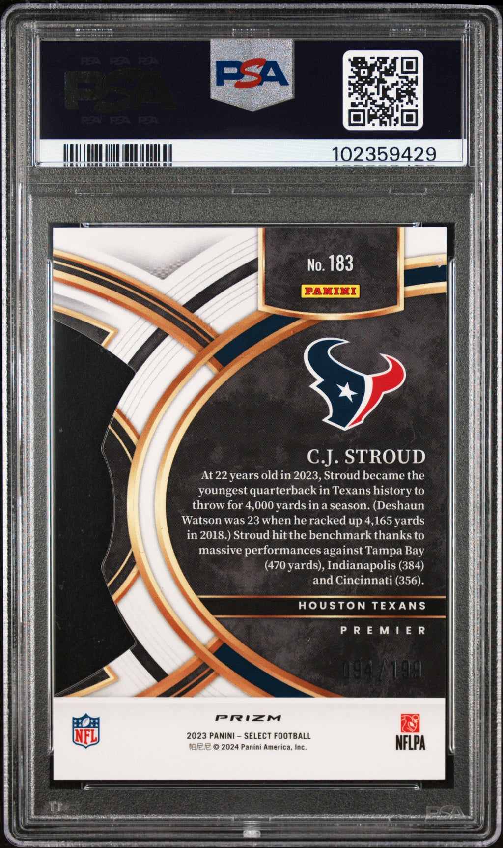 2023 Panini Select CJ Stroud #183 Die Cut White Prizm PSA 10 /199