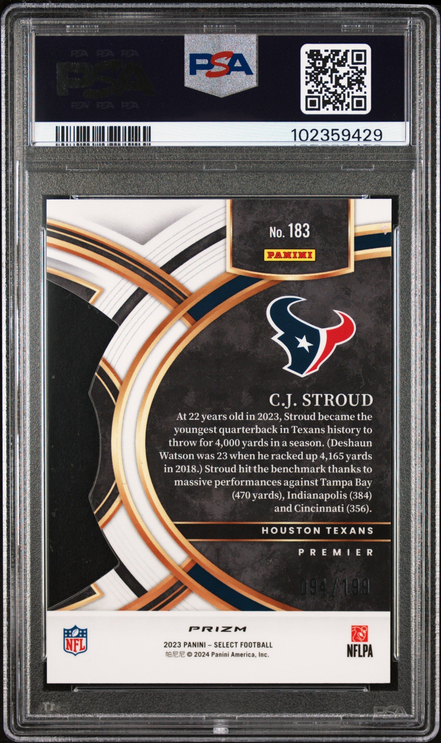 2023 Panini Select CJ Stroud #183 Die Cut White Prizm PSA 10 /199