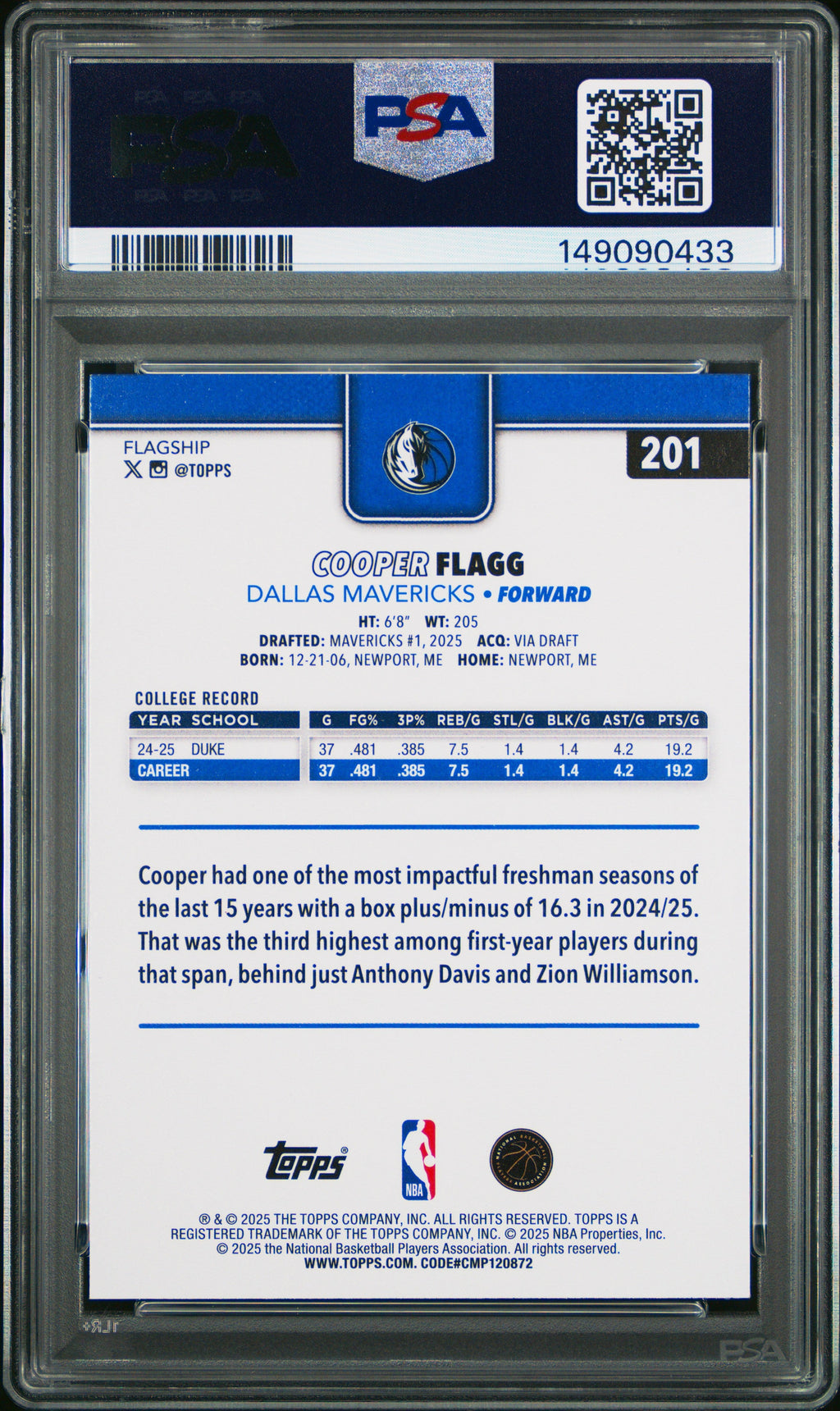 2025 Topps Cooper Flagg #201 PSA 10