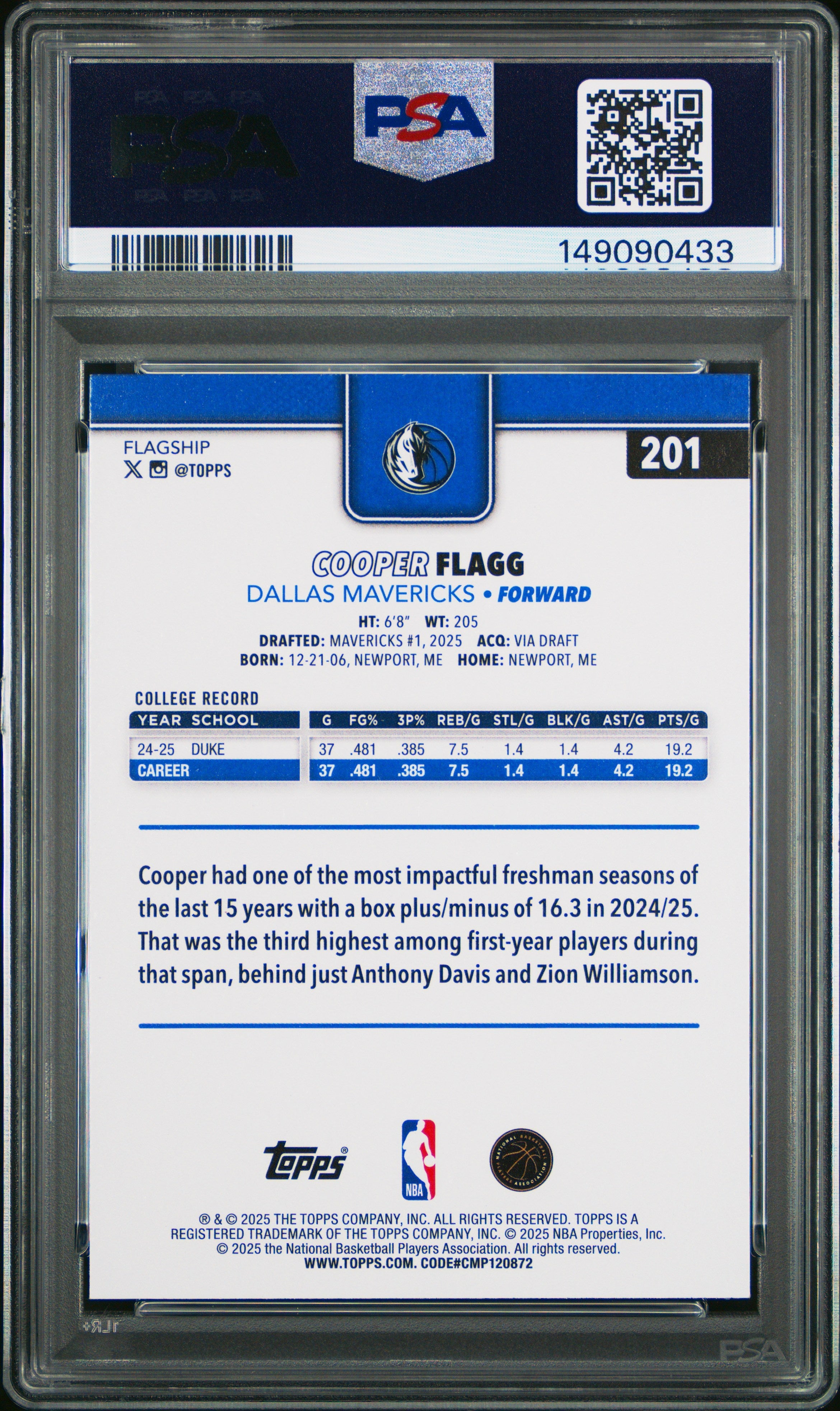 2025 Topps Cooper Flagg #201 PSA 10