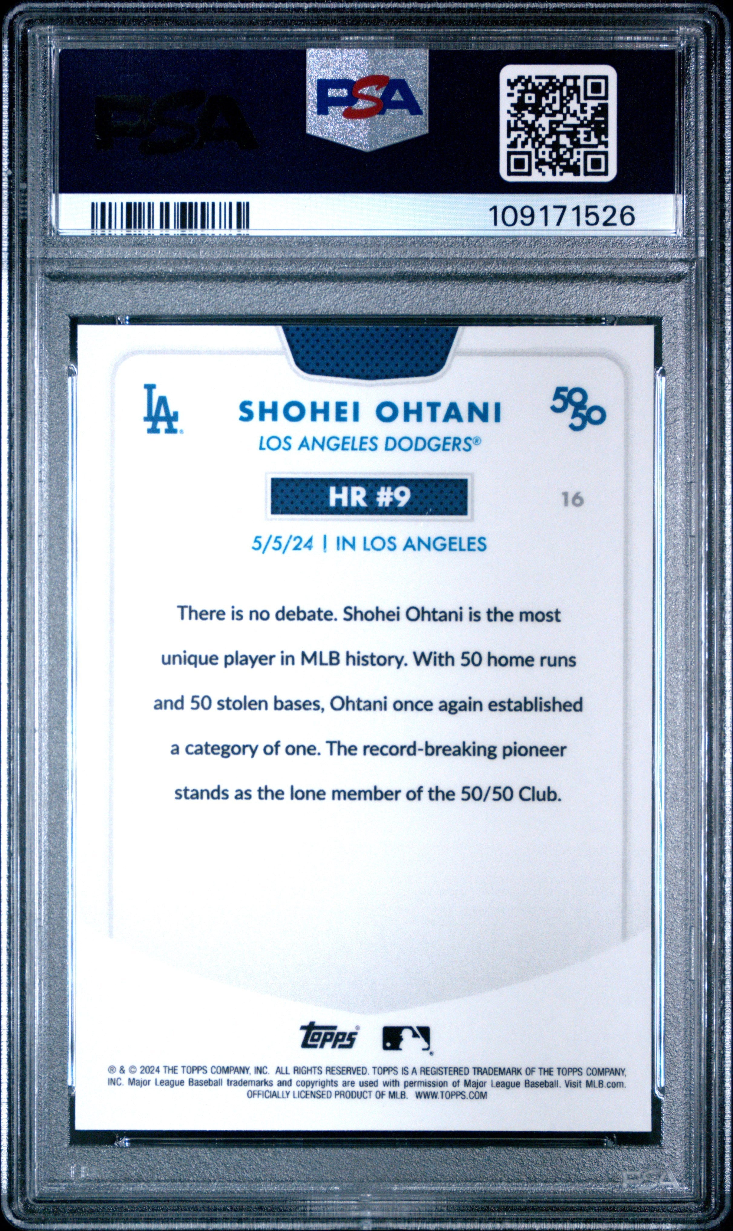 2024 Topps 50/50 Shohei Ohtani Chrome Blue Refractor - Shohei Ohtani - Limited to /150 #16 - PSA Graded Card