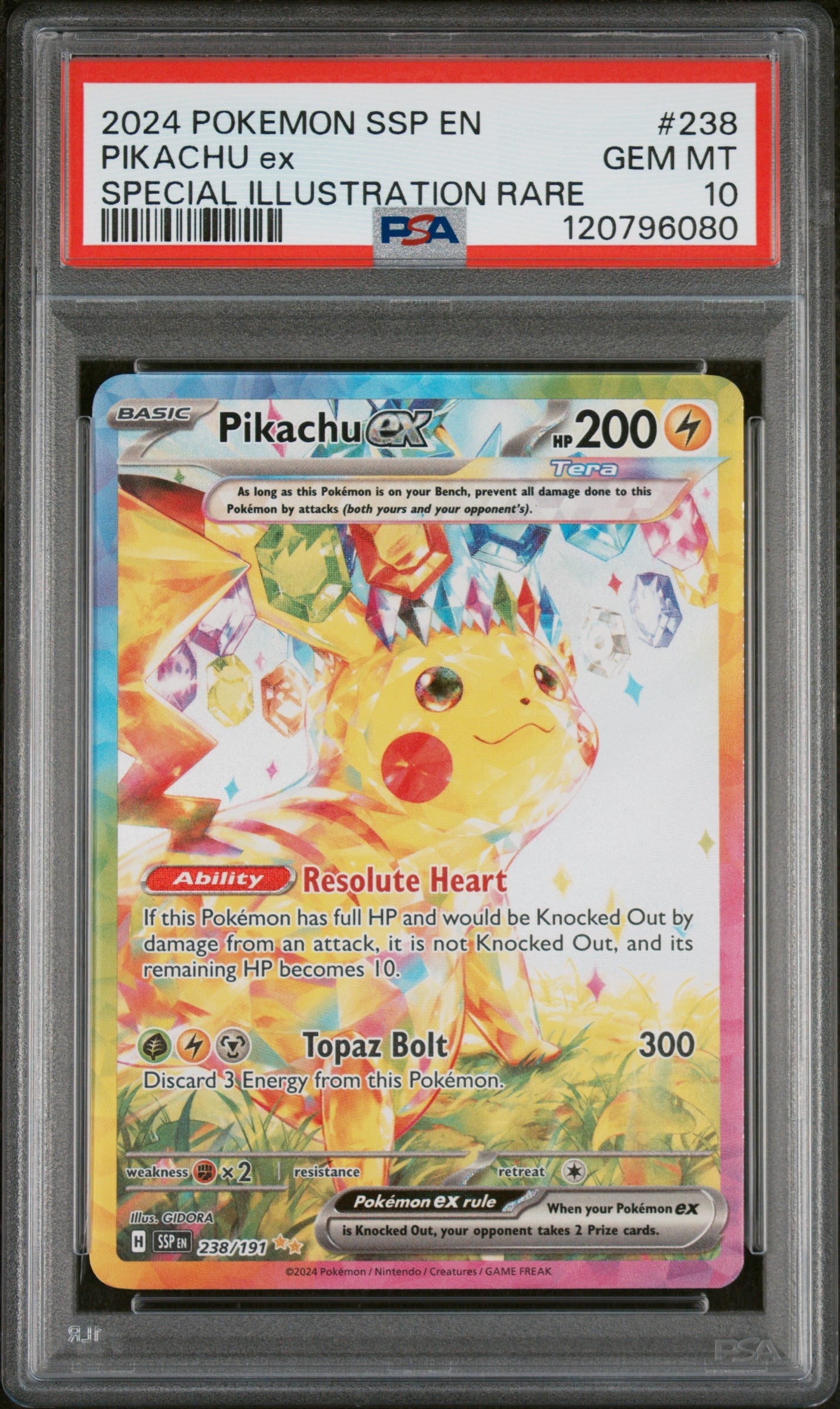 PIKACHU ex SPECIAL ILLUSTRATION RARE 2024 POKEMON SSP EN-SURGING SPARKS PSA GEM MT 10
