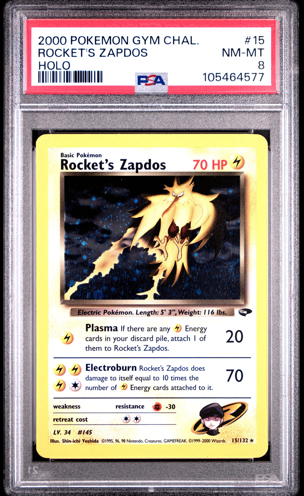 ROCKET'S ZAPDOS HOLO 2000 POKEMON GYM CHALLENGE PSA NM-MT 8