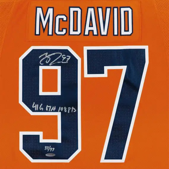 Upper Deck Authenticated - Connor McDavid Autographed & Inscribed “41 G, 67 A, 108 Pts” Edmonton Oilers Orange Adidas Authentic Jersey