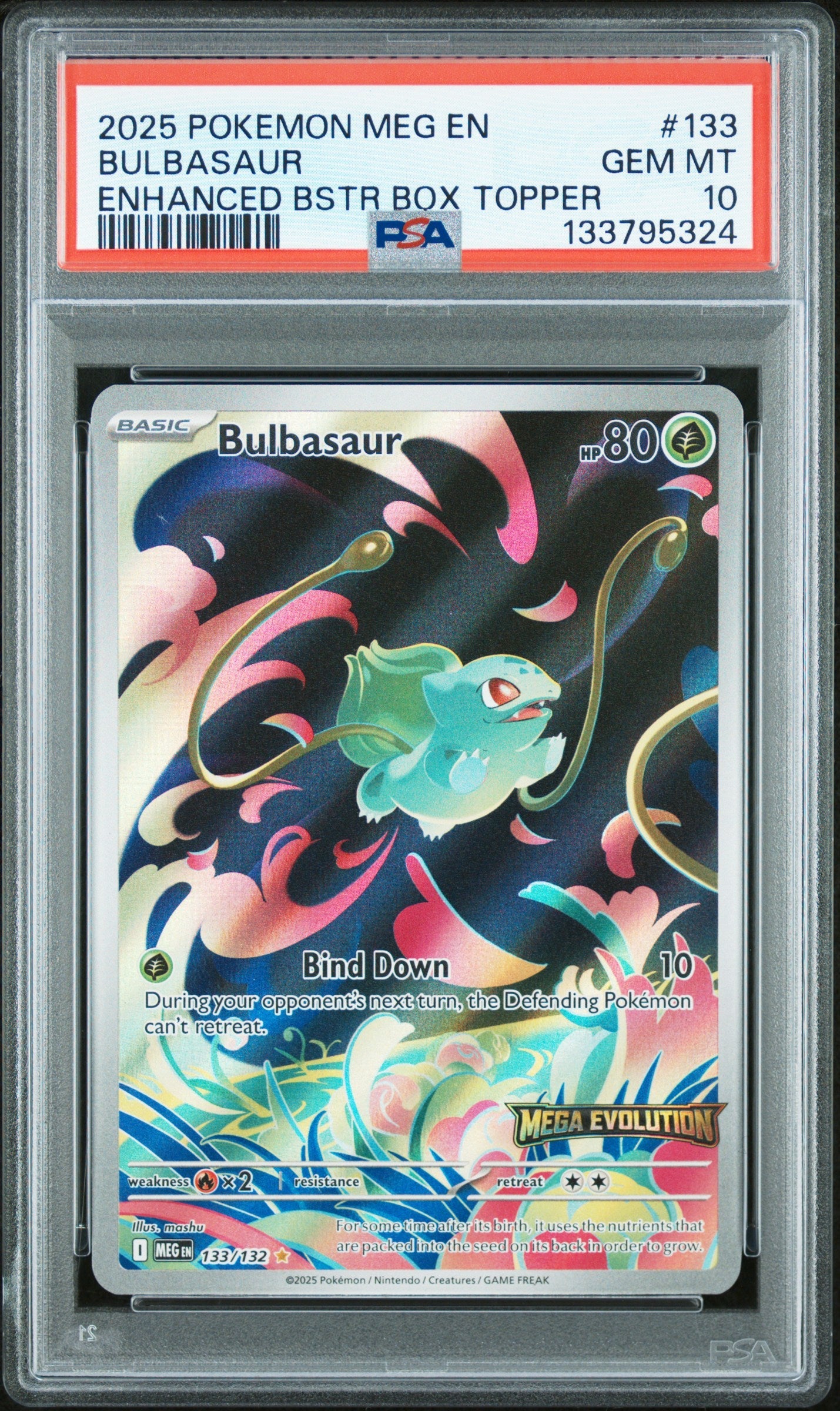 BULBASAUR ENHANCED BSTR BOX TOPPER 2025 POKEMON MEG EN-MEGA EVOLUTION PSA GEM MT 10