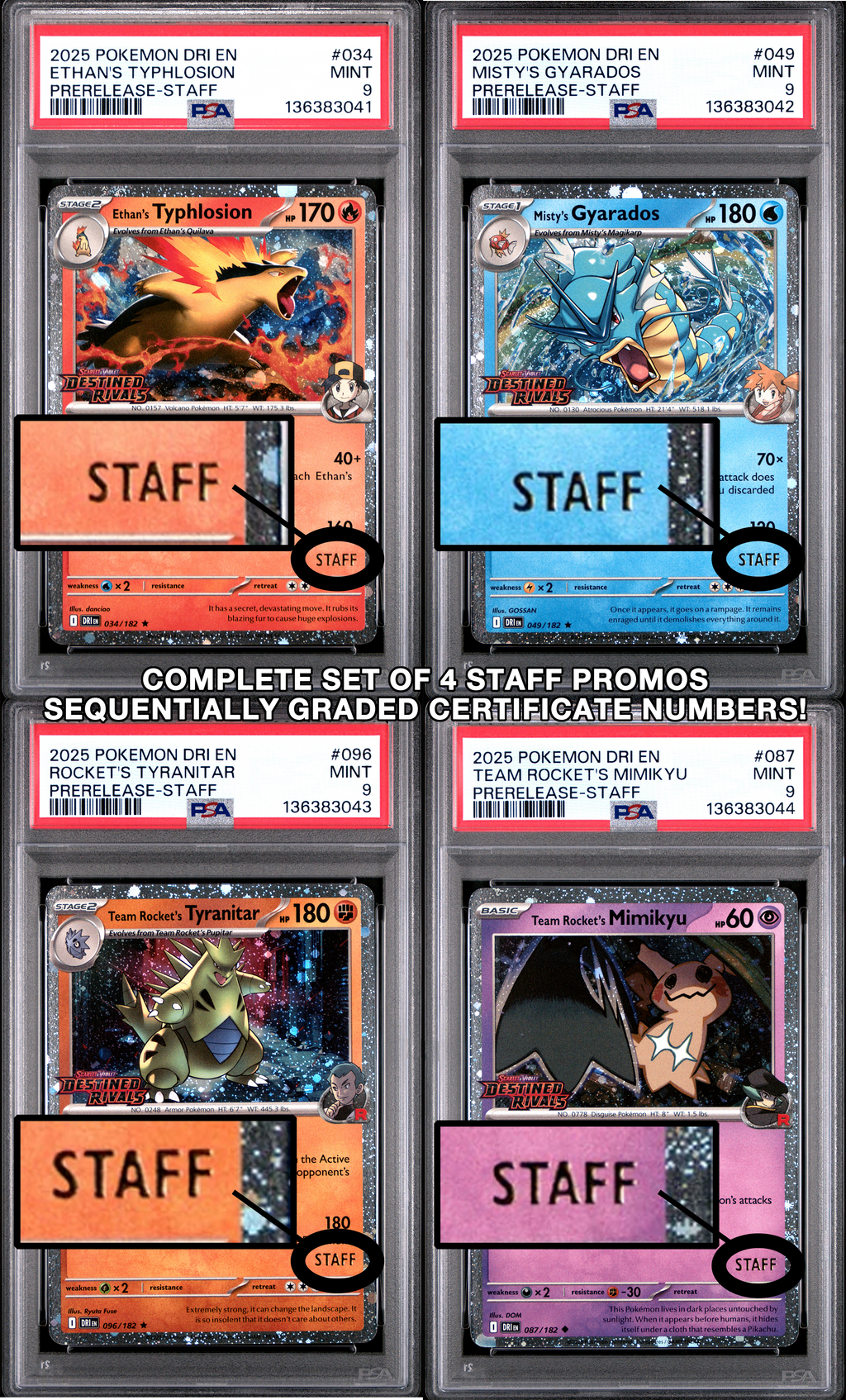 SET OF 4 [PSA 9 - MINT] Destined Rivals - Pre-Release - STAFF Promos - Moltres, Gyarados, Tyranitar & Mimikyu (Sequential Certs)