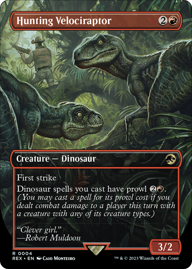FOIL Hunting Velociraptor (Borderless) (REX-004) - Jurassic World Collection - Magic The Gathering