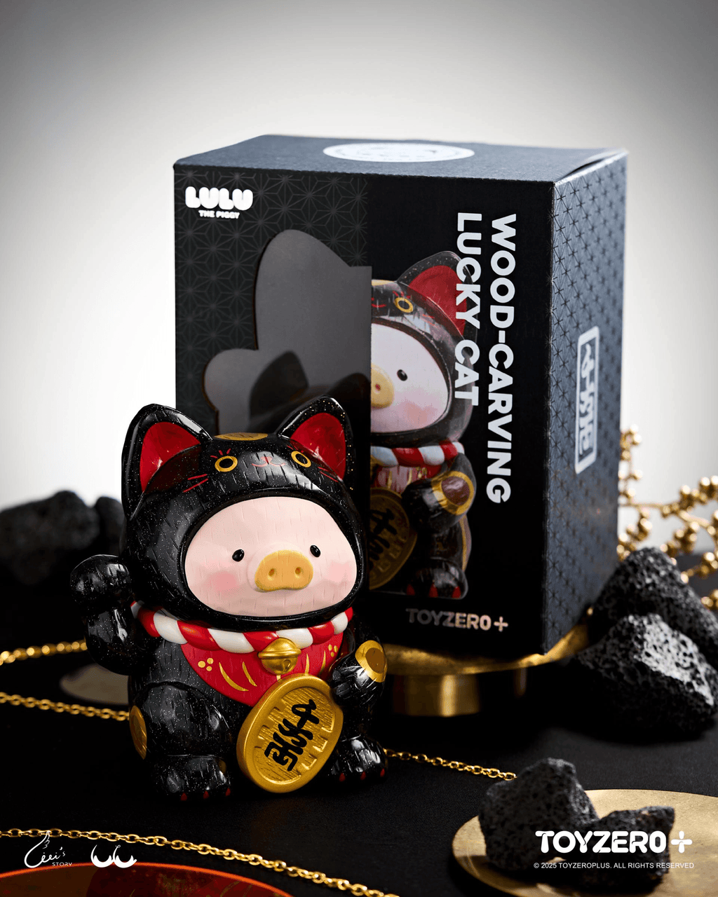 LuLu the Piggy - 18cm Wood-Carving Maneki Lu (Black Cat)