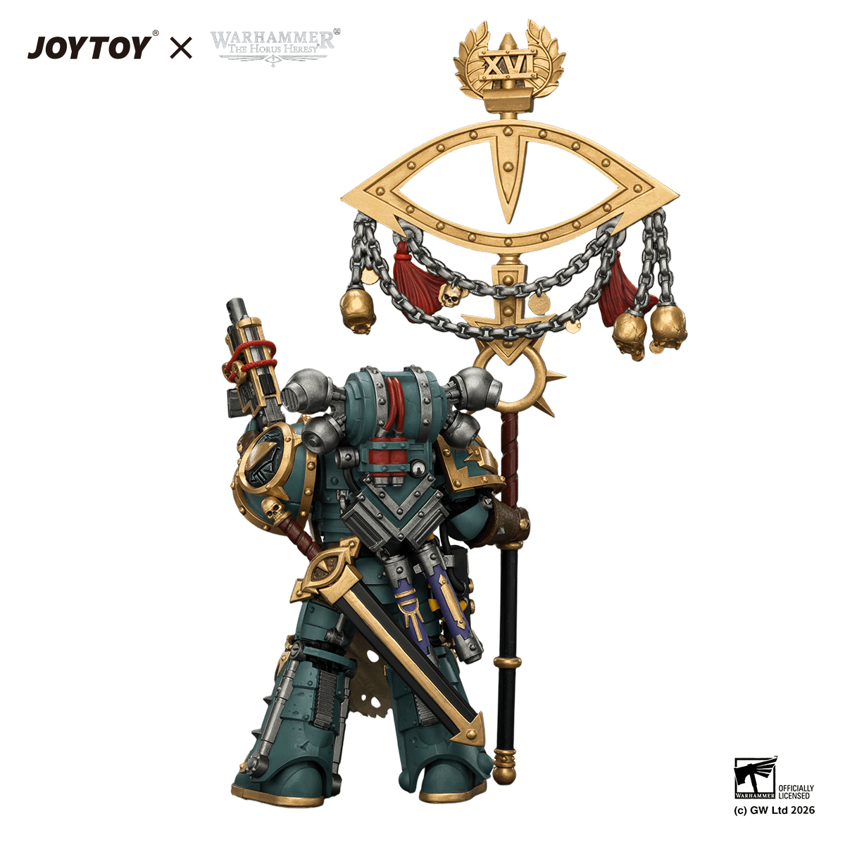 Sons of Horus Maloghurst the Twisted, the Warmaster's Equerry with Legion Standard and Banestrike Bolter