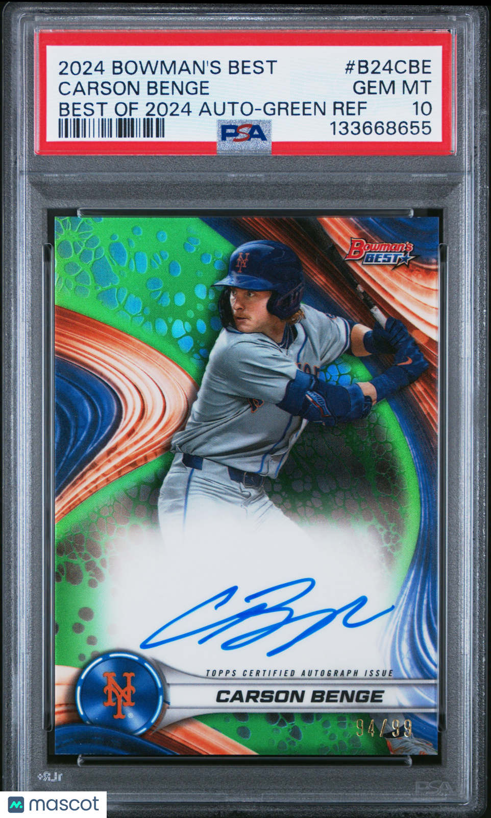2024 Bowman's Best Best Of 2024 Carson Benge #B24CBE Green Ref 94/99 PSA 10 Auto