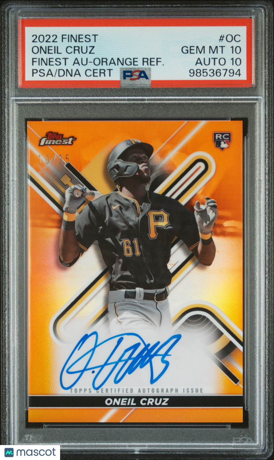 2022 Topps Finest Finest Oneil Cruz #OC Orange Refractor 10/25 PSA 10 Auto 10