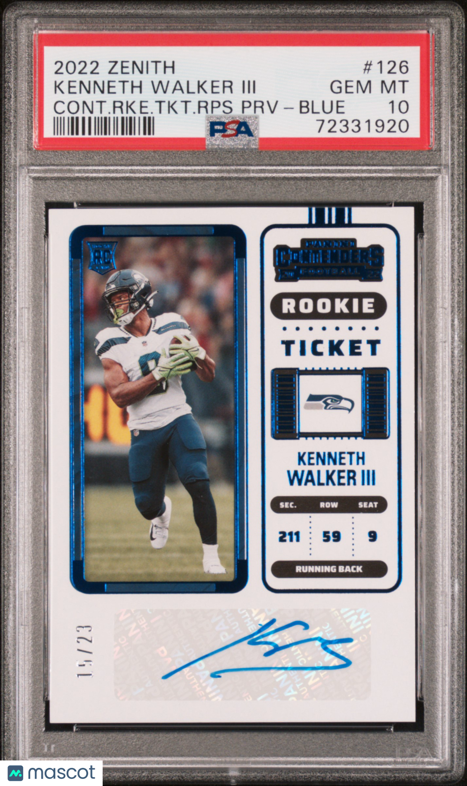 2022 Zenith Contenders Ticket Preview Kenneth Walker III #126 /23 PSA 10 Auto