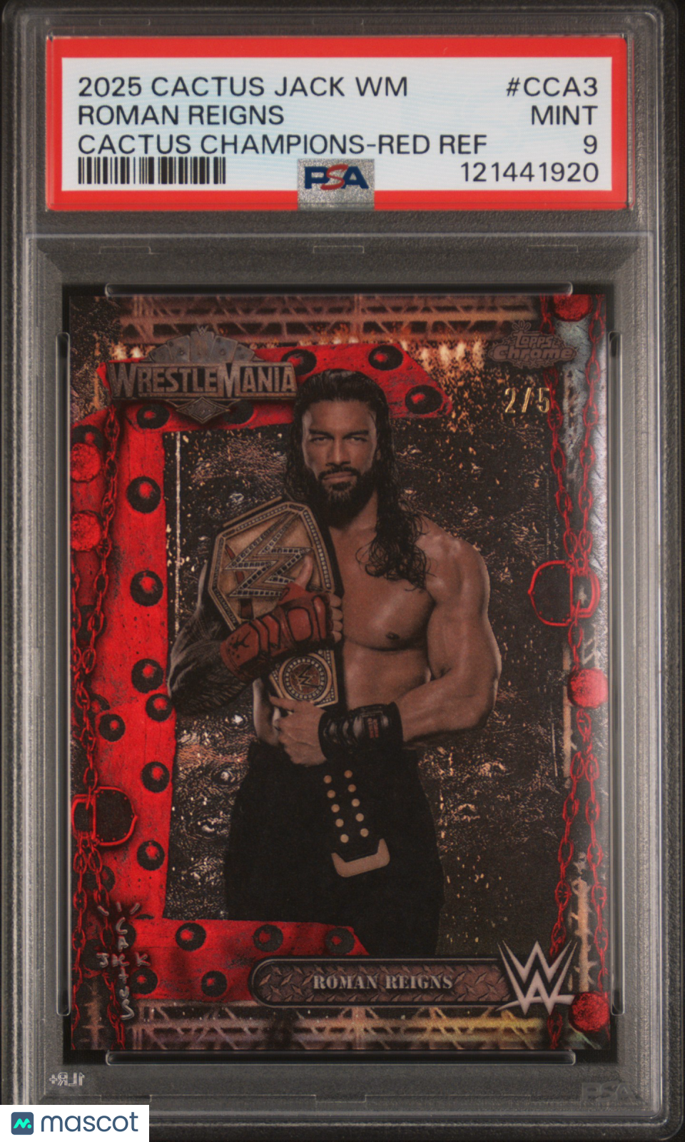 2025 Topps Chrome WWE Cactus Jack Cactus Champions Roman Reigns Red /5 PSA 9