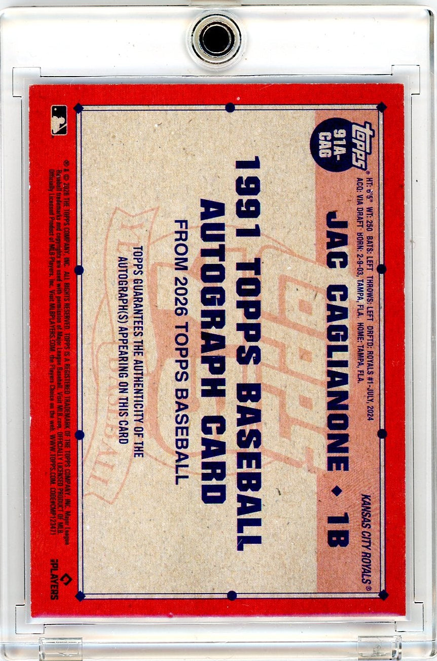 Jac Caglianone 2026 Topps Series 1 '91 Topps 35th Anniversary Auto Red #'d 5/5
