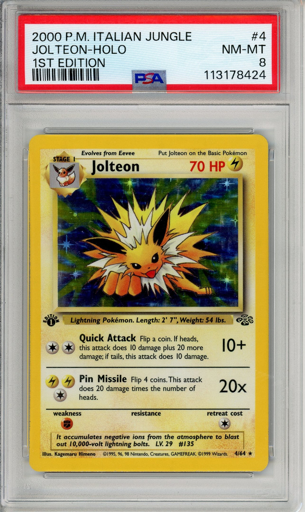 Pokemon Graded: Jolteon 1st Edition 4/64 Jungle (2000) Holo PSA 8 Error-Italian Label English Card