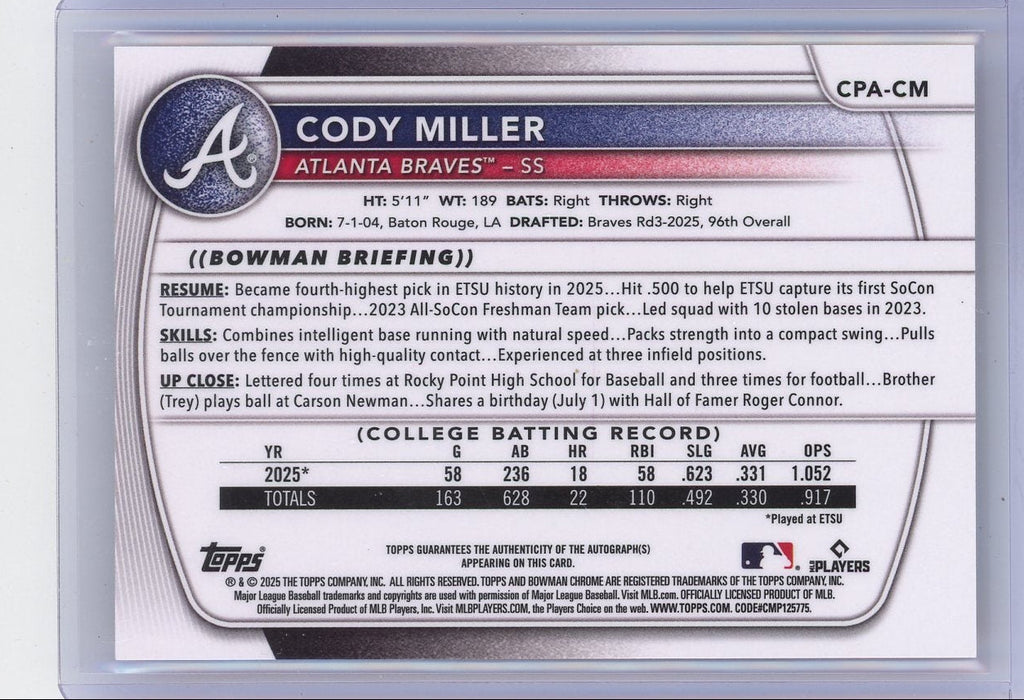 Cody Miller 2025 1st Bowman Chrome autograph orange refractor #'d 23/25
