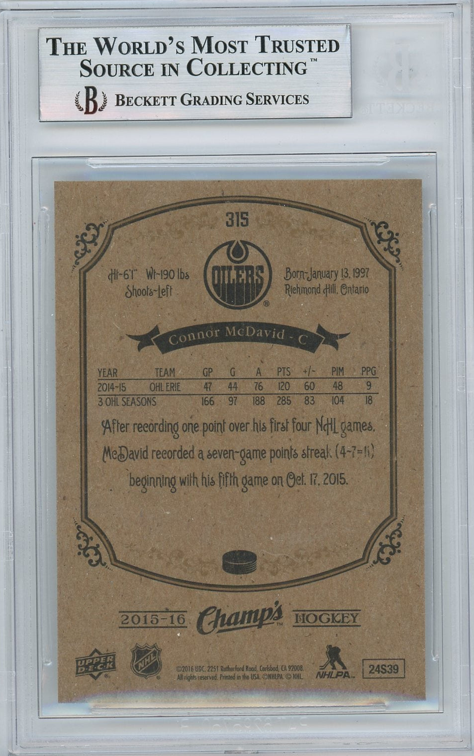 Connor McDavid 2015-16 Upper Deck Champ's SP RC BGS 9
