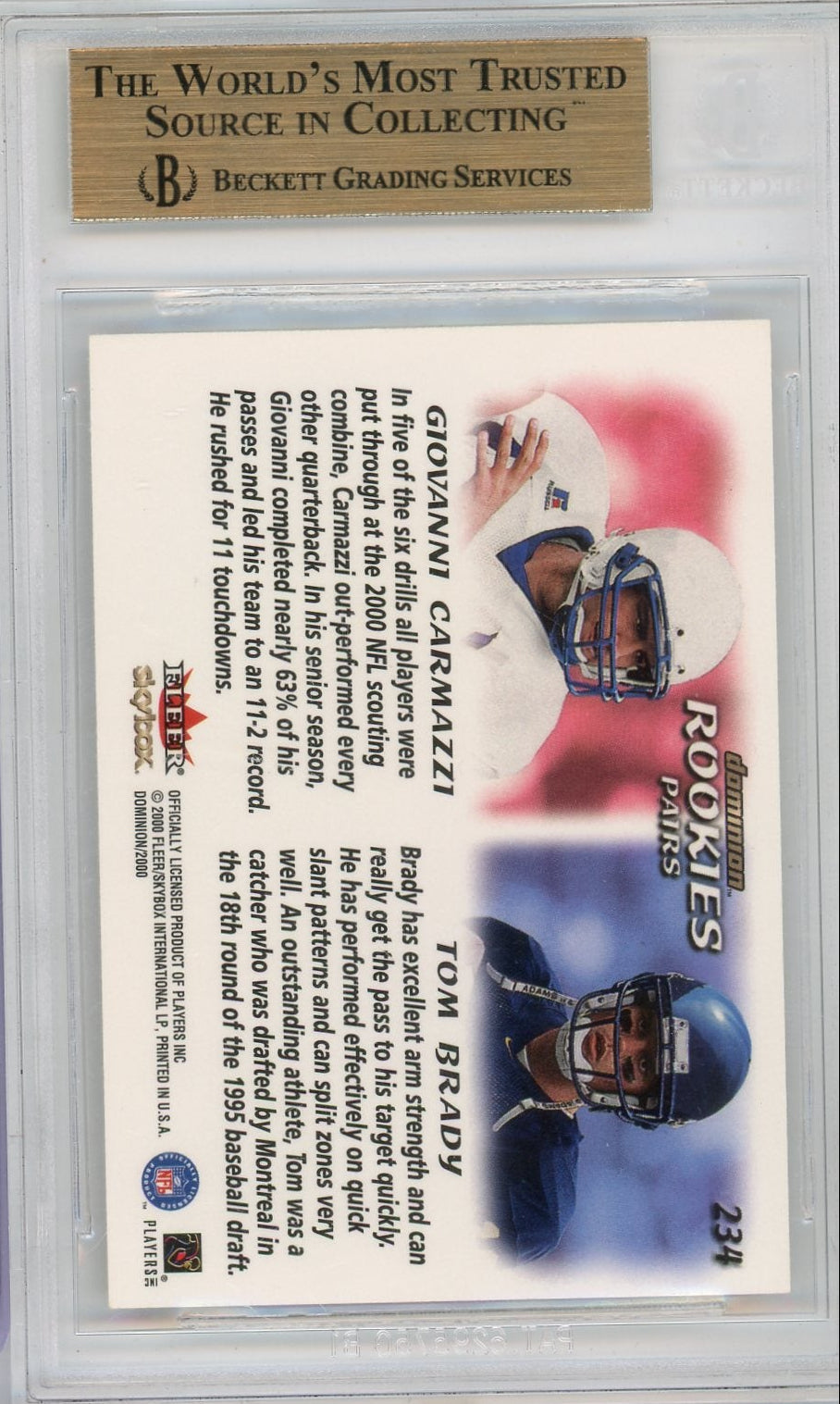 Giovanni Carmazzi & Tom Brady 2000 Skybox Dominion RC BGS 9.5